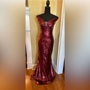 Andrea & Leo Couture Burgundy Sequin Mermaid Gown
